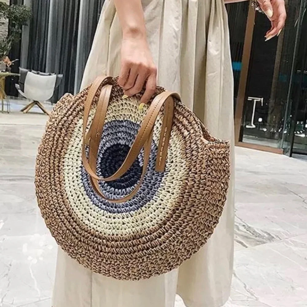 ❤️❤️❤️❤️Tan Basket Straw Top Handle Bag Beach Vacation Shoulder Tote Purse NEW - Picture 4 of 12
